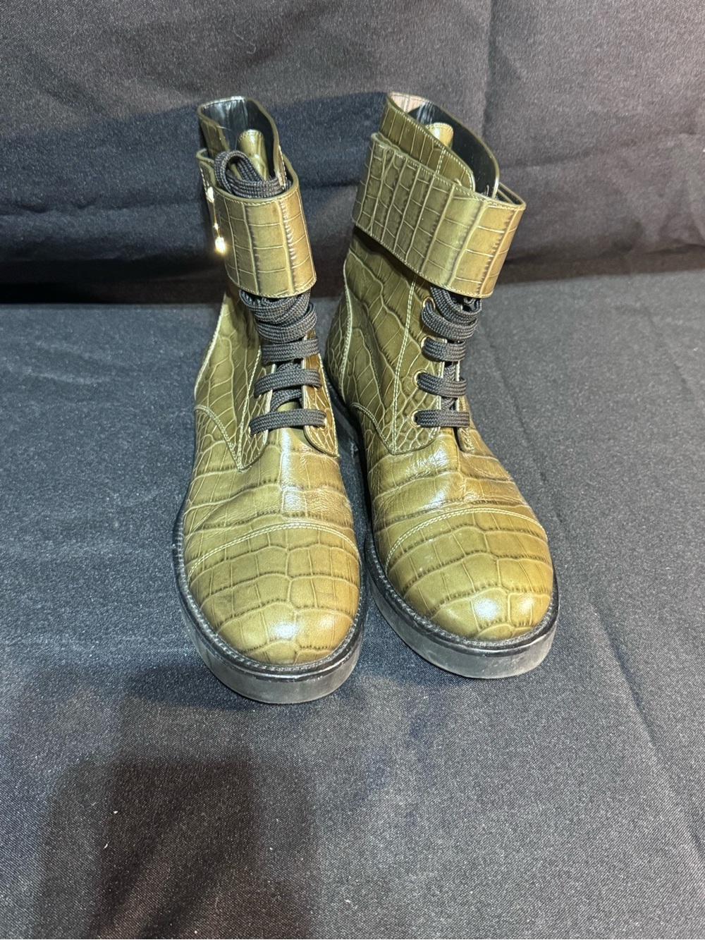 Louis Vuitton Olive Green Croc-Embossed Combat Boots